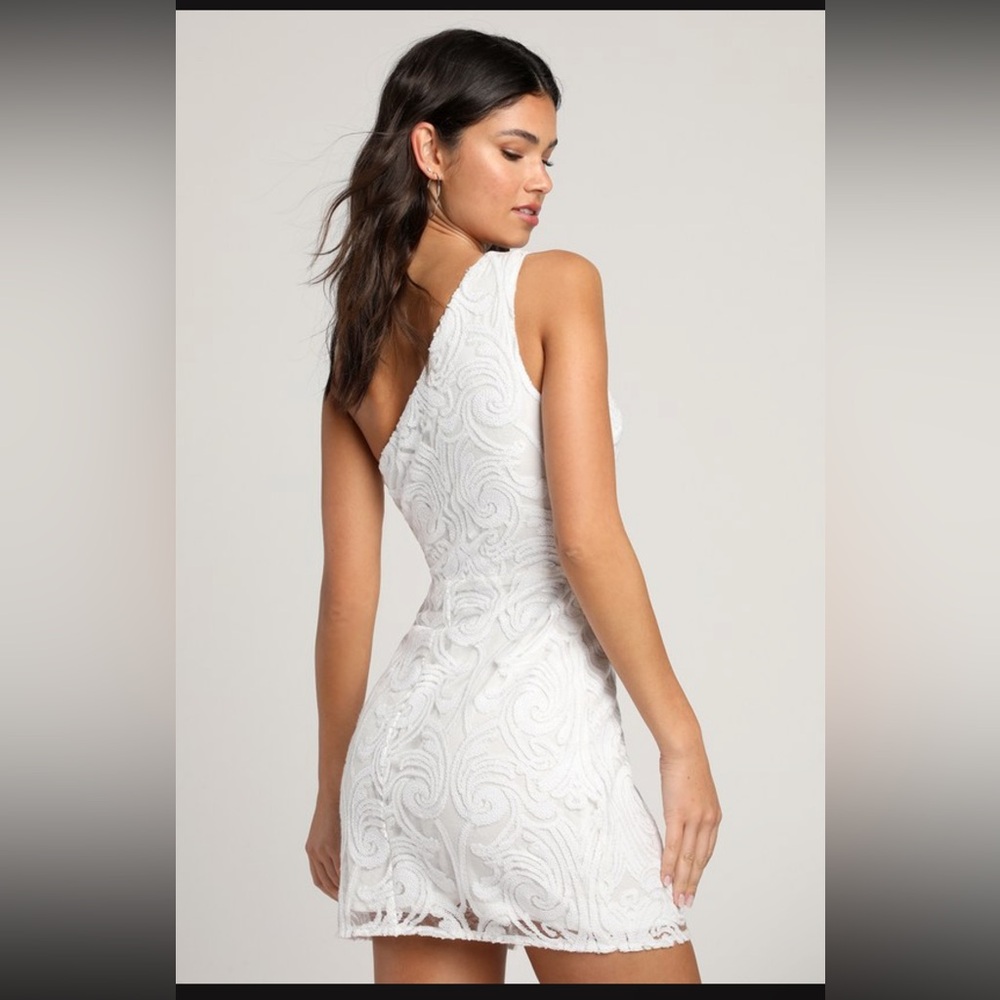 NWT Madina White Sequin One-Shoulder Bodycon Mini Dress - Picture 3 of 11